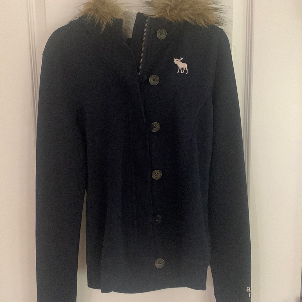 Abercrombie and Fitch Girls X-Large Navy Full Zipper and Button Hooded Jacket.